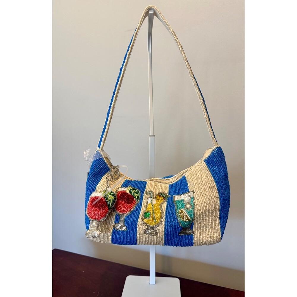 Viral Cocktail Drinks Beaded Shoulder Bag, Blue & White Stripe Made In India NWT